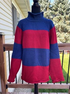 Vtg 90s J. Crew Red Blue Striped Roll Neck Sweater 100% Wool Lightweight Mens L